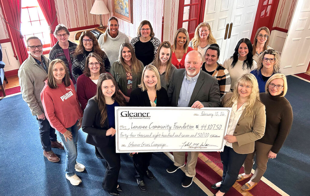Gleaner Life Insurance Society employees presented $44,807.50 to the Lenawee Community Foundation on Feb. 12. (Photo courtesy of Gleaner Life)