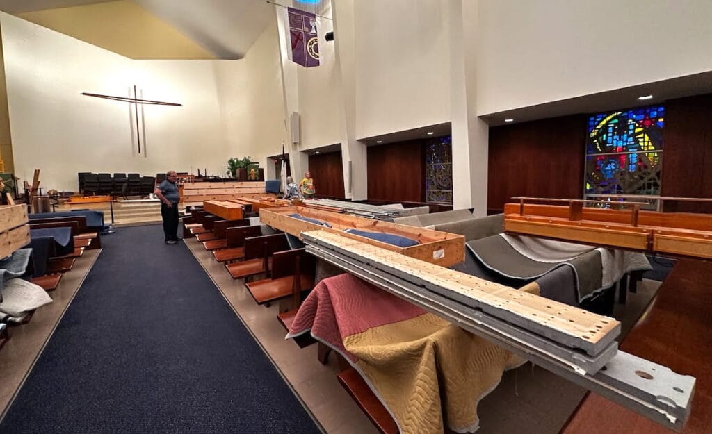 Pipes from the organ at First United Methodist Church were laid out across the pews last fall in preparation for being shipped out and restored by the Muller Pipe Organ Company in Ohio. The organ has thousands of individual pipes, some of them no bigger around than a straw. These pipes are what give the organ its wide variety of sounds. (Photo by Conner Raymond, First United Methodist Church)