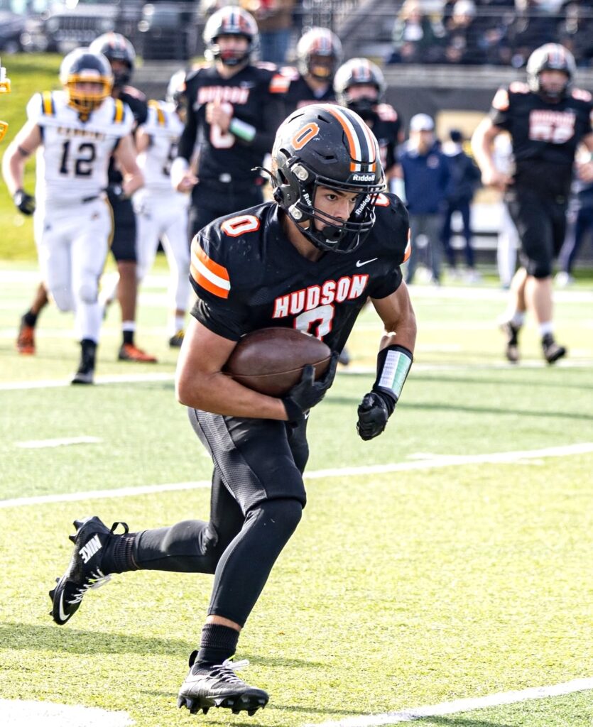 Hudson junior Beckett Campbell, pictured during last year’s state semifinal against St. Frances Cabrini of Allen Park, will be a key player as the Tigers try for a state championship this year. (Photo by Rachel Stiverson, Hudson Post-Gazette)