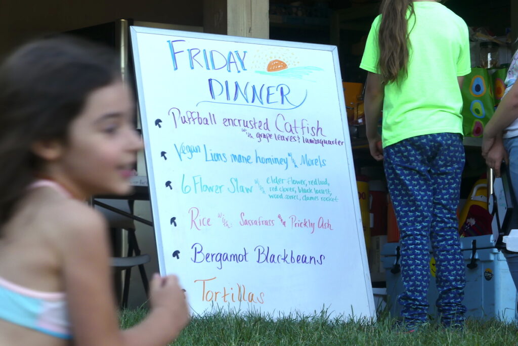 A typical menu at the Great Lakes Foragers Gathering. Friday night’s offerings were puffball-encrusted catfish, vegan lions mane hominey with morels, six-flower slaw, rice with sassafras and prickly ash, bergamot black beans, and tortillas. All of the dishes focused on Michigan-foraged foods.