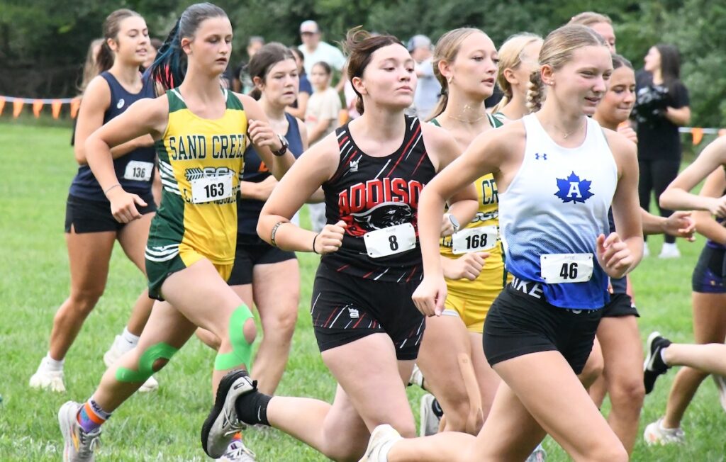In the foreground, Sand Creek’s Haily Baker, Addison’s Grace Gillin, Sand Creek’s Madalynn Trame, and Adrian’s Madison Petty run in the Lenawee County cross country preview meet on Aug. 22. (Photos by Erik Gable)