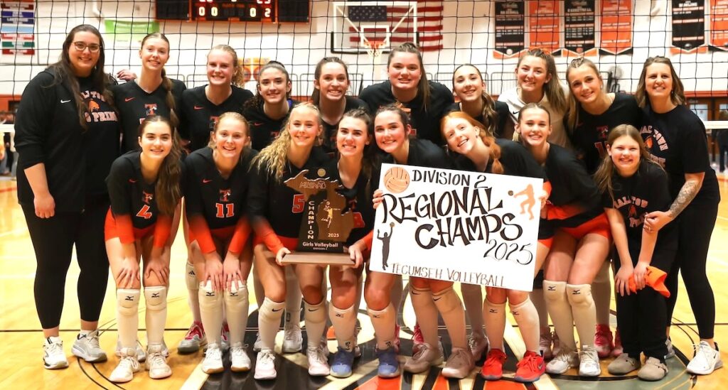 Last year's Tecumseh volleyball team celebrates their regional championship title. (Photo courtesy of Tecumseh Public Schools)