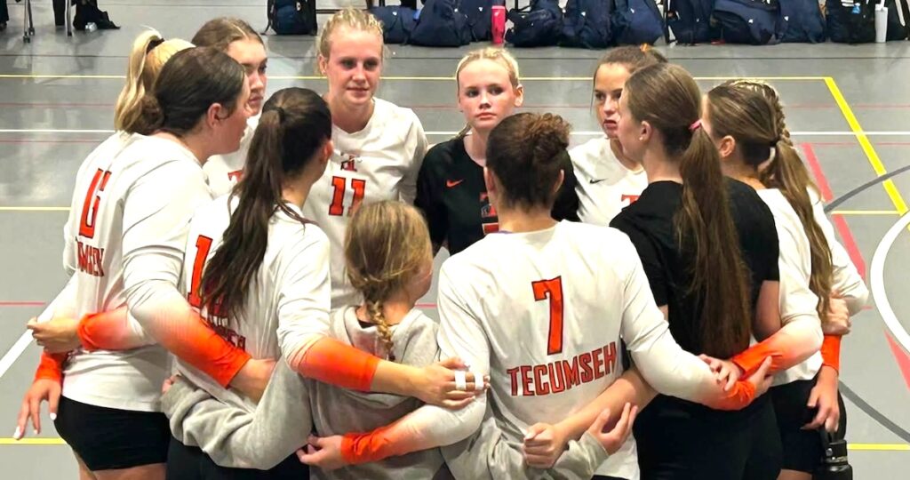 The Tecumseh volleyball team traveled to Lake St. Helen for their annual team bonding weekend, which included a six-team round robin at Kirtland Community College. (Photo courtesy of Tecumseh Public Schools)