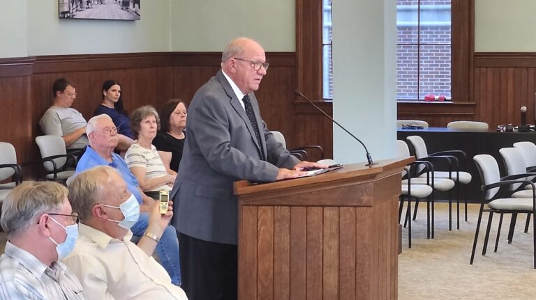 Ted Andrzejewski speaks to the Adrian City Commission during his interview for the interim city administrator position on Aug. 20.