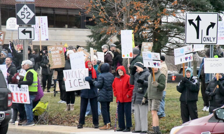 Residents gather for a protest at the Lenawee County Courthouse on Jan. 10 in the wake of the shooting of Renee Good.