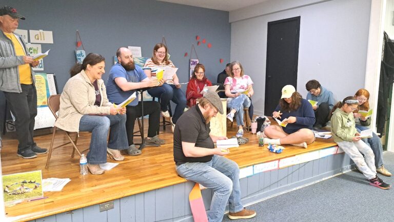 Cast members in the Tecumseh Players’ upcoming performance of “Head Elf” rehearse the show recently at the Tecumseh Presbyterian Church. Seated on the edge of the stage, left to right: Thomas Buxton, Annabelle Rhodes, and Charlotte Buxton. Behind them, left to right: Derrell Kent, Mary Ann Stock, Nick Hoffman, director Sarah Buxton, Brandi Williams, Josh Smith, Niki Easter, Hannah Wiles, and Henry Buxton. (Photo by Arlene Bachanov)