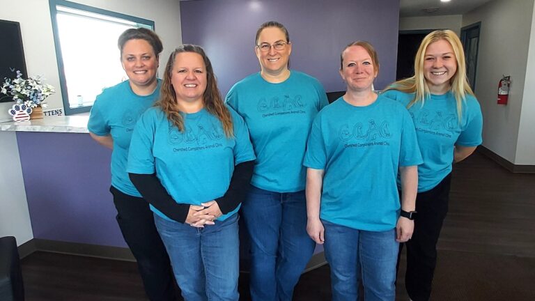 Pictured at Cherished Companions Animal Clinic are, from left to right, Jayme Miller, Angie Koester, Dr. Dawn Marcus, Sam Dermyer, and Rylee Echelbarger. (Photo by Julie C. Clemes)