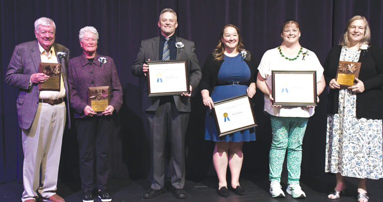 Darryl Jenkins, Deborah Comstock, Steve Antalek, Erin Gilmore, Sharon Ketola, and Anne Engle Cummings were recognized at the Adrian Schools Educational Foundation and Adrian High School Alumni Association awards night on Sept. 24. (Photo by Erik Gable)