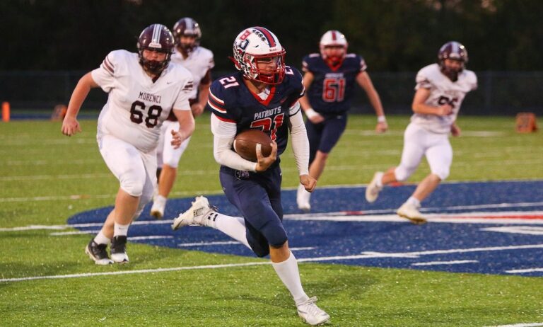 Cayden Allshouse led Britton Deerfield in rushing with 152 yards during the Patriots' Oct. 9 game against Morenci. (Photo by Brook Oser)